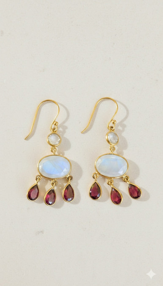 光芽 (こうが) レインボームーンストーン、ガーネットピアス