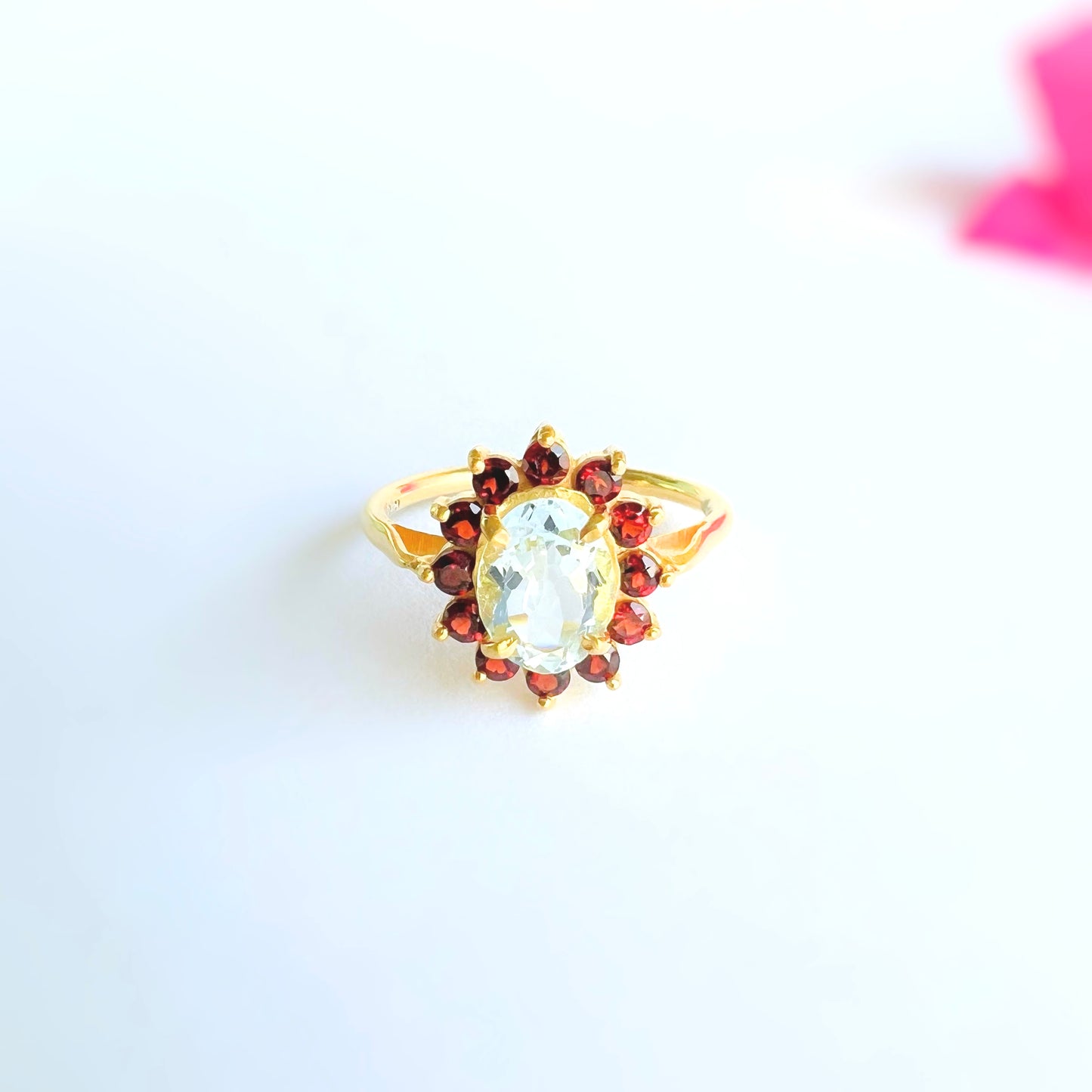 Aquamarine + Garnet Ring Heliopsis AHR33G