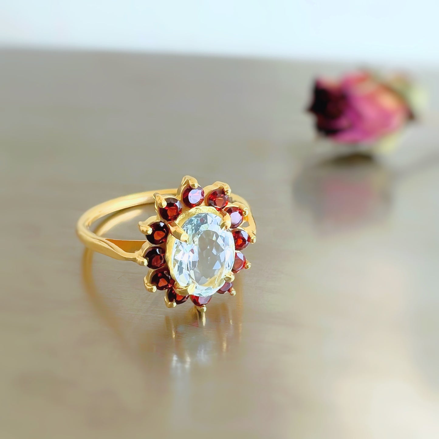 Aquamarine + Garnet Ring Heliopsis AHR33G