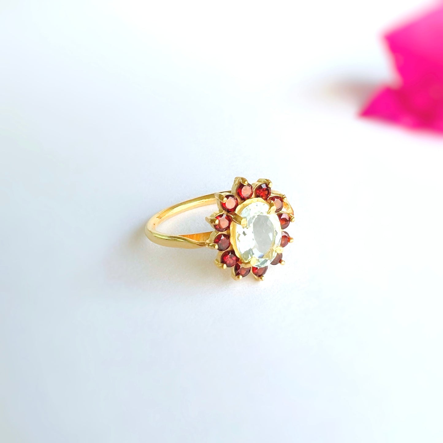 Aquamarine + Garnet Ring Heliopsis AHR33G