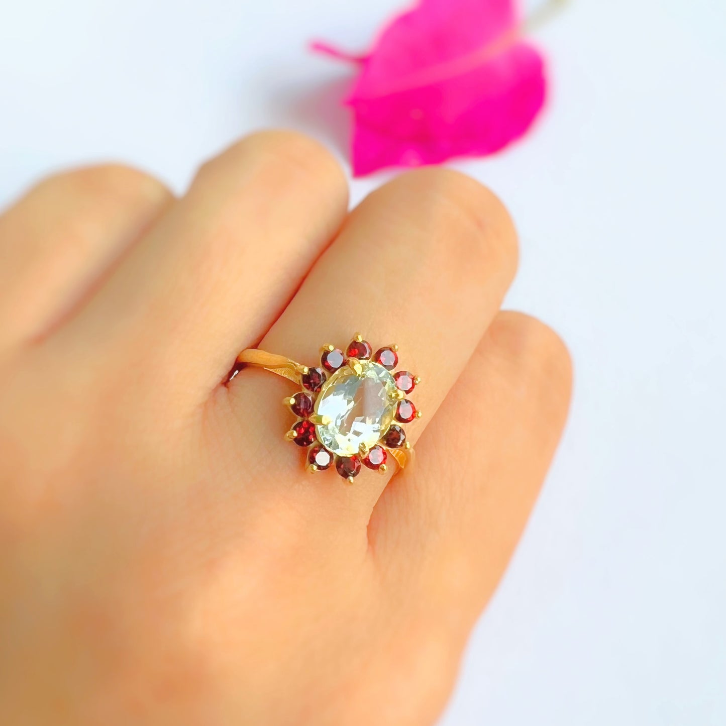 Aquamarine + Garnet Ring Heliopsis AHR33G