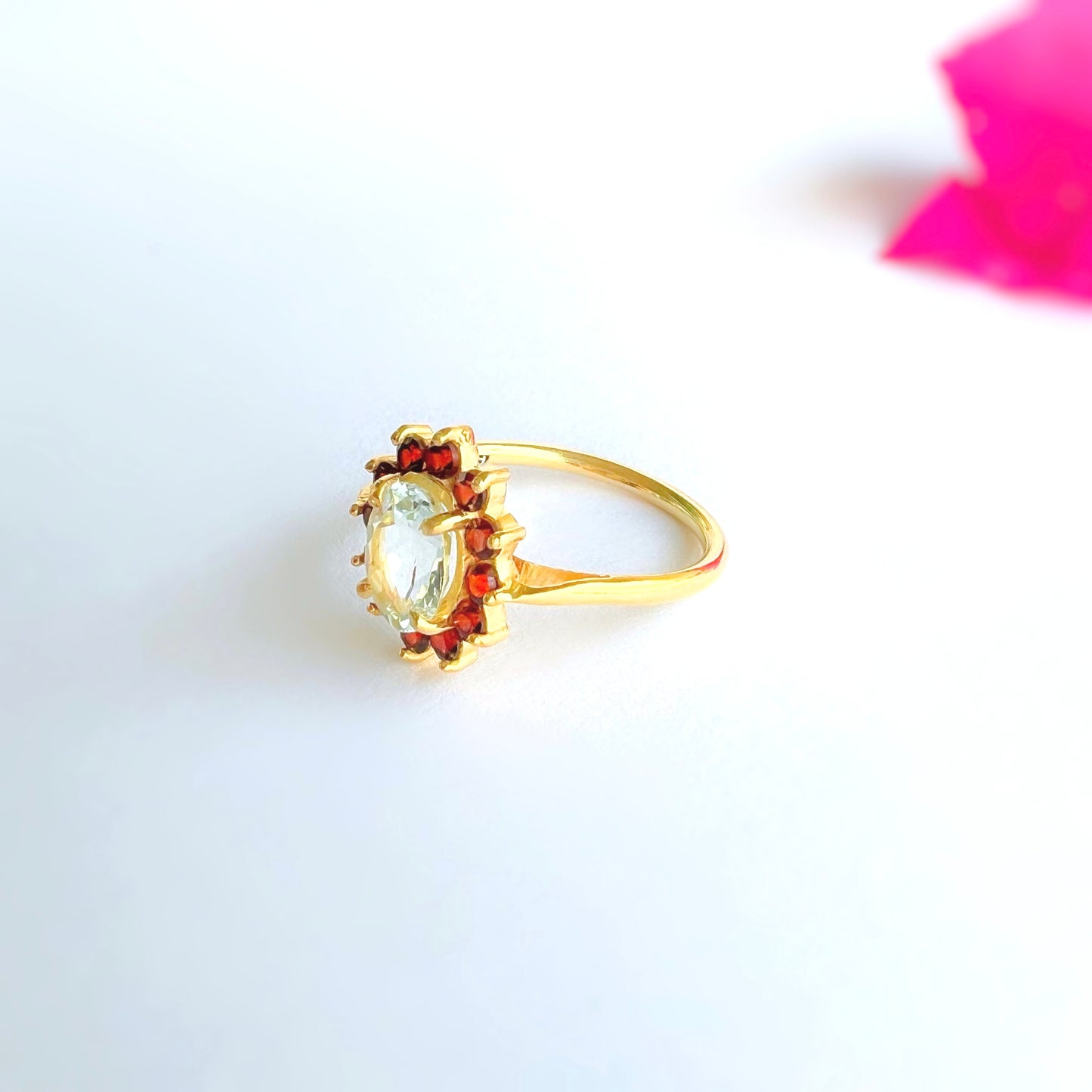 Aquamarine + Garnet Ring Heliopsis AHR33G