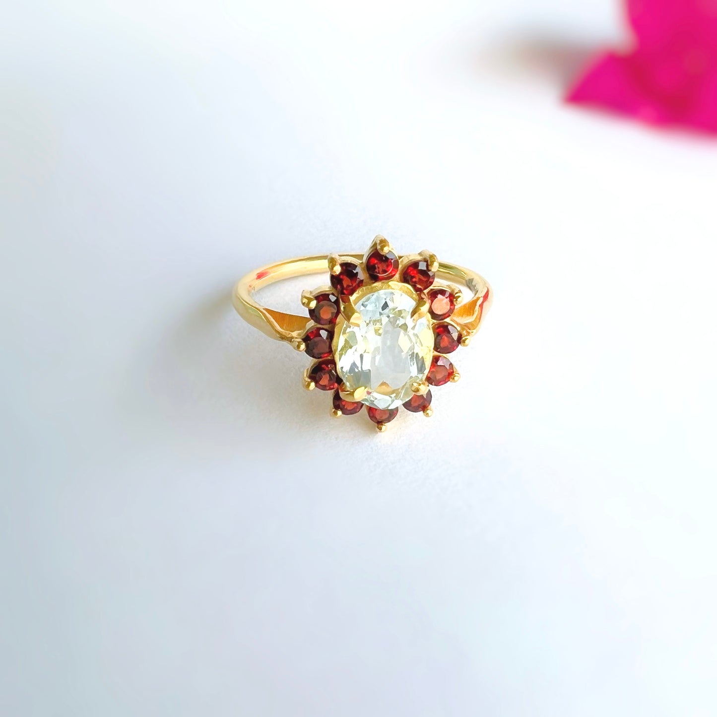 Aquamarine + Garnet Ring Heliopsis AHR33G